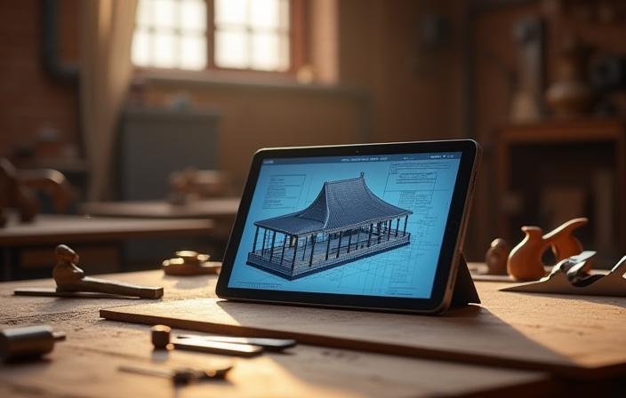 Interior de un taller artesanal con herramientas tradicionales y una tablet de diseño profesional