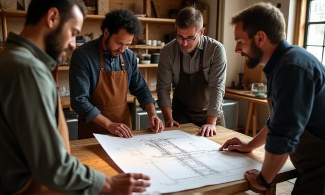 Reunión de artesanos en una mesa de madera rústica discutiendo planos