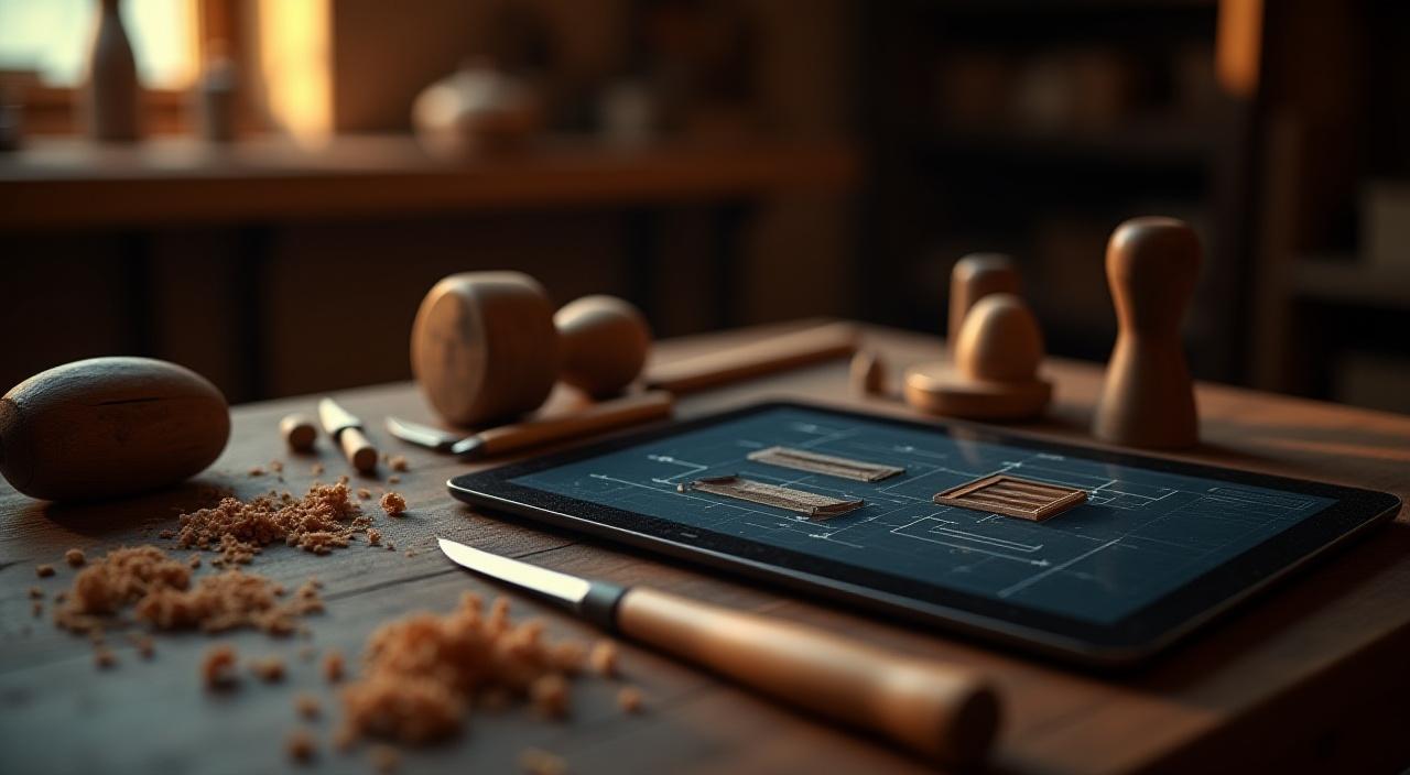 Un banco de trabajo artesanal con un iPad mostrando planos técnicos junto a herramientas de madera manuales