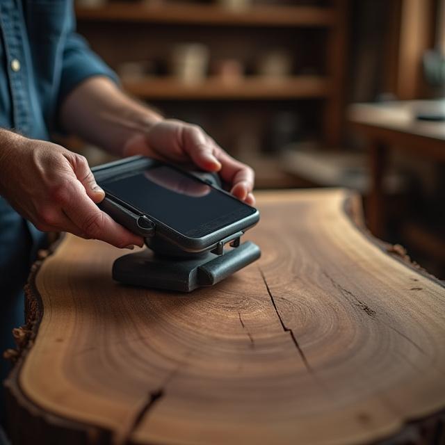 Artesano escaneando una pieza de madera con un dispositivo móvil en un taller cálidamente iluminado
