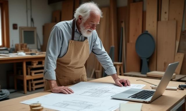 Maestro artesano revisando planos y documentos de gestión